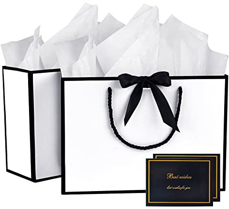 BBLIKE Medium Gift Bags for Present - 2 Pcs Birthday Gift Bag with 4 Wrappers and 2 Cards, Luxury Paper Bags with Handles for Girls Boys Wedding Party Christmas Valentines Bridesmaid (White Black)