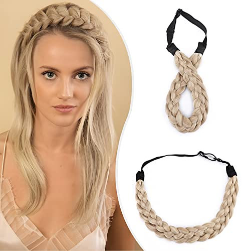 Elailite Haarband Geflochten Haargummi mit Haare Damen Haarteile Dutt Braids Extensions Stirnband Breit 3.8cm/L Zopf Haarreif Verstellbare Kopfband Haarschmuck 50g Hellgoldblond/Hell-Lichtblond