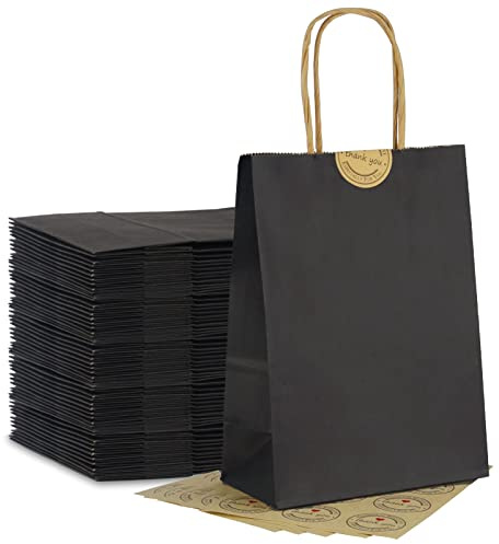 50Pcs Small Black Paper Bags With Handles, Paper Gift Bags a5 Size, 130GMS Thicken Kraft bags Party Favor Shopping includes lables for Favor Birthday Party Wedding Shopping Retail