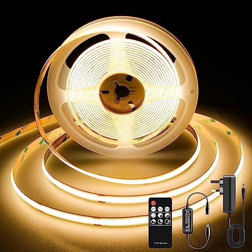 TTWAY COB LED Strip Lights 2700K, Dimmable LED Strip Kit, Super Bright 24V LED Tape Lights CRI90+ with RF Remote and UKCA Power Supply for DIY Home Decoration, 3M, 1440LEDs, Warm White.