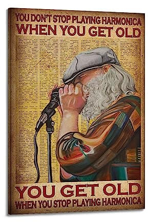V BY N Poster You Don't Stop Playing Harmonica When You Get Old You Get Old When You Stop Playing Mundharmonika, Vintage-Stil, Raumdekoration, ästhetische Schlafzimmerdekoration, Leinwandposter für