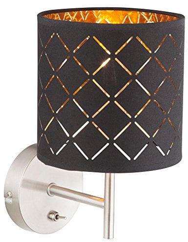 Globo Wandlampe Wandleuchte Schirmleuchte Nachtlicht Schlafzimmerlampe Wohnzimmerlampe Flurlampe, Textilschirm schwarz gold, 1x E14 Fassung, HxB 26x19cm