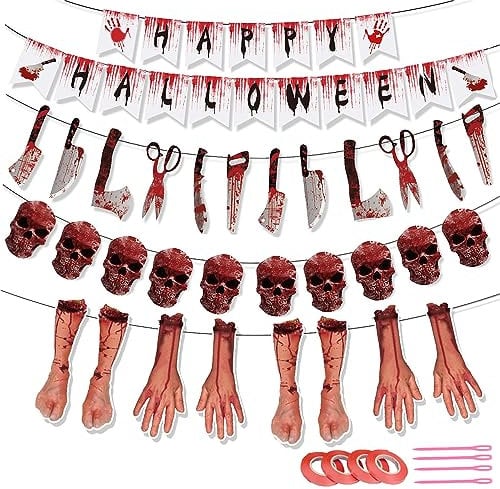 KASESSS 4 Sätze Happy Halloween Deko Girlande, Horror Halloween Girlanden, Gruselig Halloween Deko Set, Halloween Hängedeko mit Blut Messer Abgetrennte Gliedmaßen, Halloween Deko für Partys Bars