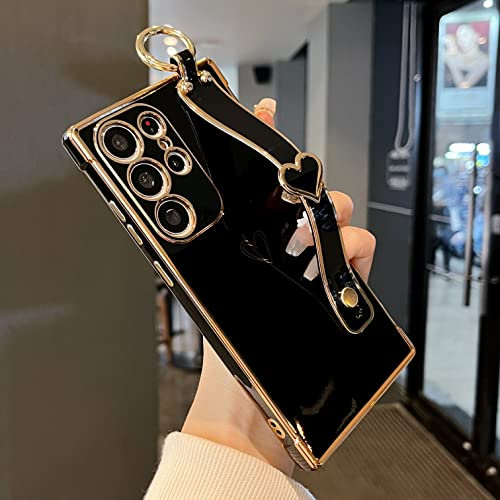 ZTOFERA Compatible with Samsung Galaxy S22 Ultra 5G (6.8) Case with Wrist Strap, Soft Silicone Protective Phone Case with Cute Heart Pattern Kickstand Wristband Plating Trim Shockproof Cover, Black