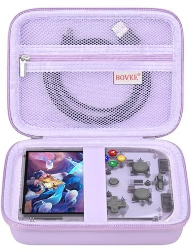 BOVKE Carrying Case Compatible with Anbernic RG405V Retro Handheld Game Console, Vertical Version Android Retro Handheld Game Holder with Mesh Pocket for Charging Cables, Purple