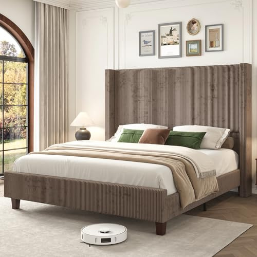 HOWE King Size Bed Frame with 61.4 Extra Tall Headboard, Corduroy Upholstered Bed with Vertical Wingback Headboard, No Box Spring Needed/Noise Free/Solid Wood Slats & Legs/Brown
