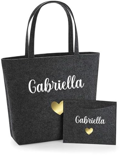 AWASG Filztasche Damen-Tasche mit kleinem Etui - Bedruckt und Personalisiert mit Herz Name - Shopper Geschenk für Sie (dunkelgrau)