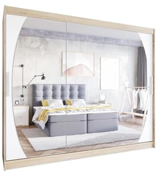 Easy4You L5 250 cm Sonoma/Weiß Schiebetüren Kleiderschrank 250x215x58 cm mit Spiegel - Schlafzimmermöbel, Aufbewahrung - Mehrzweckschrank