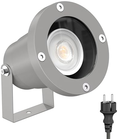 ledscom.de LED Gartenstrahler DUK grau für außen, IP65, inkl. GU10 Lampe (warmweiß, 7,6W, 1103lm, 33°)