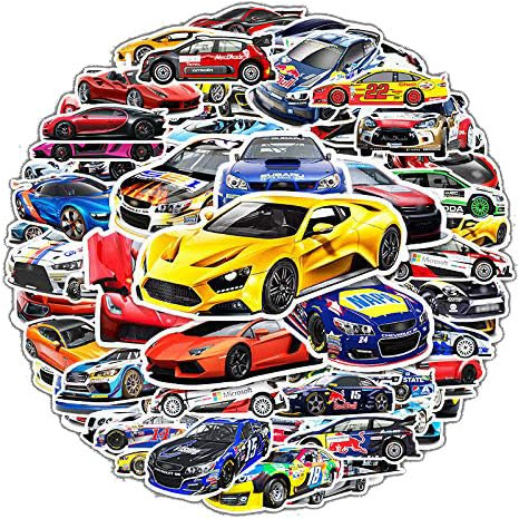 Supercar Racing Stickers Pack 100Pcs for Water Bottle, Skateboard, Laptop, Phone, Journaling, Vinyl Decals for Kids, Toddlers, Teens, Adults