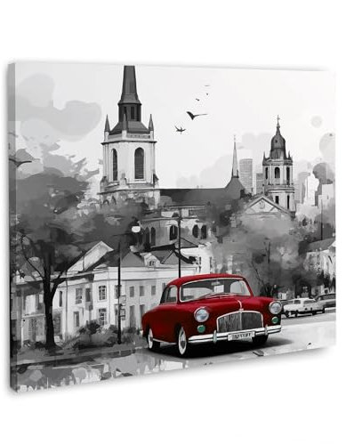 Auto Oldtimer rot SW Leinwandbild Wandbild Kunst XXL Deko Größe 120x120x4cm