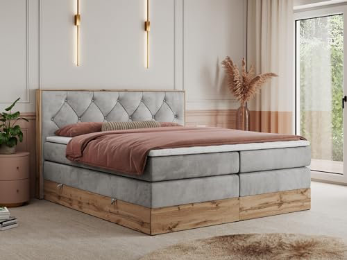 MKS MEBLE King Boxspringbett 180x200 mit Bettkasten Eiche, Polsterbett 180x200 mit Matratze H4, Bett 180x200 mit Kopfteil, Bett mit Holzrahmen in Wotan Eiche - Hellgrau Velvet - Veneto King