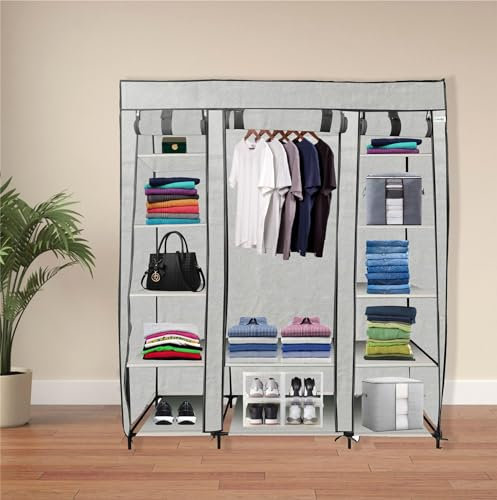 Lendo Online Kleiderschrank - Stoffschrank mit Kleiderstange & Ablagen - Faltschrank für Schlafzimmer, Ankleidezimmer, Garderobeschrank - Schwarz oder Grau (Grau, 145x44x170cm)