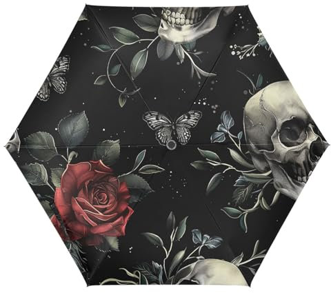 Amooorous Regenschirm im Gothic-Stil, Totenkopf und Rosen, UV50+, automatischer Regenschirm für Reisen und Golf, Wind- und Regenschutz, große Regenschirme für Regen, automatische Öffnung, Sombrillas
