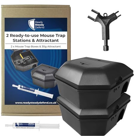Mouse Trap Stations & Attractant - 2 Ready-to-use Tamper-Resistant Mouse Trap Boxes with 30g Attractant, Safe and Effective Pest Control