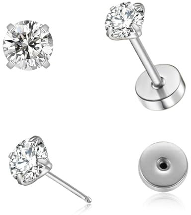 3mm Tiny CZ Flat Screw Back Stud Earrings for Unisex, Gold Screw on Flat Back Earrings, Helix Flatback Piercing Jewelry Gifts for Women Girls (Silver, 3mm)