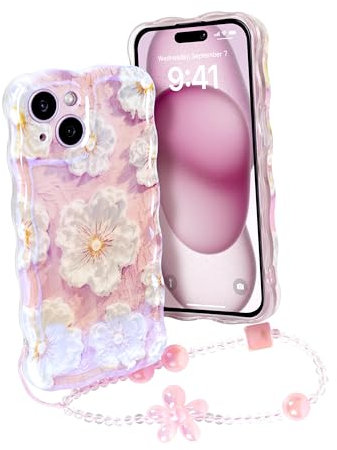 Lomzexwi Coque de protection pour iPhone 14 - Motif peinture à l'huile - Paillettes - Pour fille - Cadre bouclé - En TPU souple - Avec bracelet - Ultra fine - Anti-chocs - Rose