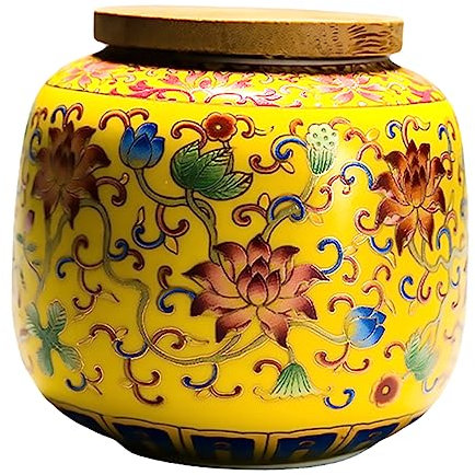MAGICLULU Ceramic Tea Canister with Wooden Lid Sealing Storage Jar for Scented Tea Stylish Enamel Design Container for Kitchen Decor