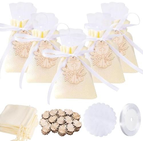 Lot de 50 sacs à dragées de communion, sachets de jute pour naissance, avec pendentifs en bois, communion, voiles de tulle et organza ruban satiné, pour communion, baptême, naissance, mariage