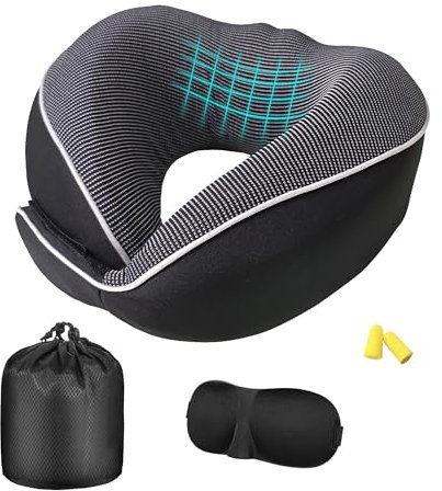Cuscino da Viaggio, Cuscino Cervicale Memory Foam per Aereo, Ergonomico e Morbido, Traspirante, Con Tappi per le Orecchie e Mascherina per gli Occhi, Ideale per Dormire in Aereo, in Auto e in Treno