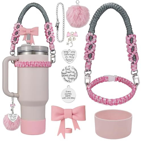 Stanley Cup Accessories Set, 9 PCS Stanley Accessories Including Handle Strap, Silicone Straw Topper, Stanley Boot, Cute Keychain Charms for Stanley 30oz 40oz Tumbler with Handle(Pink & Gray)