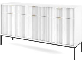 Easy4You Kommode N1 Weiss Matt 154x83x40 cm (B x H x T) mit 3 Schubladen und 3 Türen Sideboard Ideal für Wohnzimmer, Schlafzimmer Moderne Elegante Schubladenschrank mit Schwarzer Metallfuß