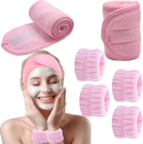 BTIYMU 6 Pièces Bandeau Cheveux Femme Maquillage Bracelet de Lavage Poignet Visage Esthétique, Serre Tete Maquillage Spa Reglable Bandeau Soin Visage Demaquillage Manchette Skincare Set(Rose)