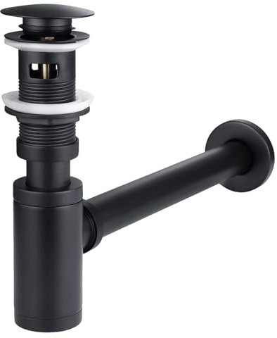 Peppermint Pop Up Basin Waste with Bathroom Sink Trap Set, G1 1/4 Slotted Click Clack Waste and Adjustable Bottle Trap Plumbing Drain Tube for Bathroom Basins, Vessel Sinks with Overflow Hole, Black