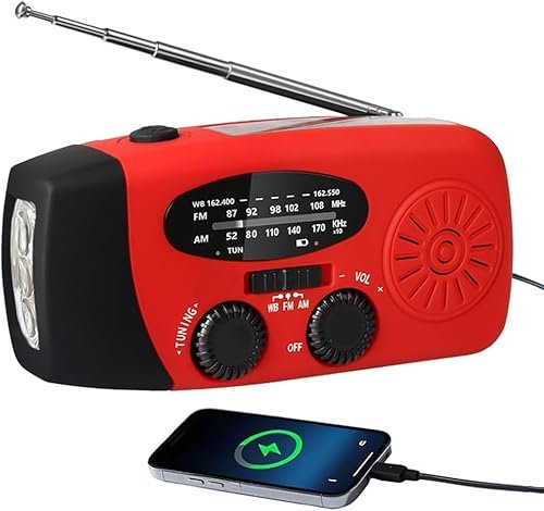 Vtizikl Solar Radio, Wind Up AM/FM/WB Radio, Portable Hand Crank Radio, Emergency Radio with Torch, 2000mah Rechargeable Power Bank for Phone Charging, Camping, Outdoor (Red)