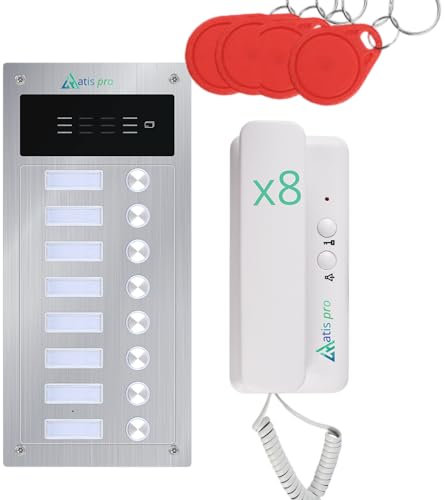 Kit interphone Audio 2 Fils pour immeuble – Anti-vandalisme avec Lecteur RFID – Kit Complet avec combinés et Alimentation – Installation encastrée ou en Surface – Très Facile à Installer