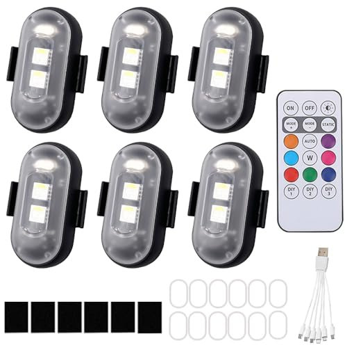 FENYW 6 Pezzi Luci Stroboscopiche Drone LED, 8 Colori Ricarica USB Lmpermeabile Luce a LED, Luci Stroboscopiche Senza Fili con Telecomando, Ricaricabili USB Strobe Drone Light per Motocicletta