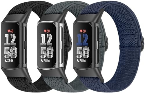 Bcuckood 3 Stück Elastisches Armband Kompatibel mit Fitbit Charge 6/Charge 5 für Damen Herren, Verstellbares Nylon Sportschlaufe atmungsaktives Ersatzarmband