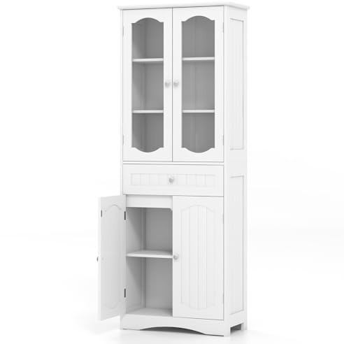 Multigot Tall Bathroom Cabinet (White) | Freestanding Wooden Storage Cupboard with Tempered Glass Doors, Adjustable Shelves and Drawer