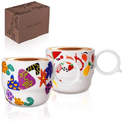 BOILMERIT Ceramic Espresso Cups Set of 2 – Mini 3 oz Double Espresso Coffee Cups Small Espresso Shot Cups with Cute Q Handle, Gift for Coffee Lovers, Floral and Fruit Patterns-White