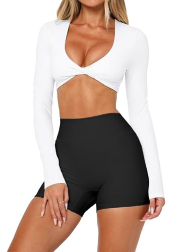 BONITEE Women Long Sleeve Crop Tops Deep V Neck Ballet Shirts Yoga Top Pilates Tshirt Gym Athletic Clothes Sports Tees,White,M