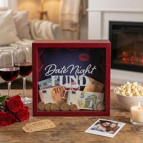 MIJOMA Spardose aus Holz mit Glasfront – dekorativer Sparrahmen für Geldgeschenke zu Hochzeit, Geburtstag, Reise & mehr – kreative Geldbox (Date Night Fund - rot, 20 x 20 x 5 cm)