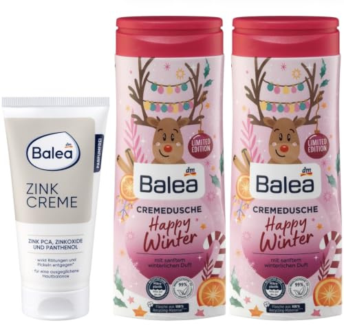Balea Zinkcreme mit Panthenol, 50 ml + Duschgel Flower Shower, 2 x 300 ml | Parfümfreie Gesichtscreme bei Pickeln & Rötungen + Limited Edition Duschpflege mit Waschbär-Motiv & Duft nach Blumenwiese