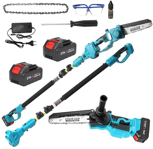 2-in-1 Akku Hochentaster, 8 Zoll Mini Akku Kettensäge mit Teleskopstange, 2×4,0Ah Akkus, Bürstenloser Motor, Verlängerung bis zu 2,8 m, 180° Einstellbarer Winkel, für Zweige und Garten