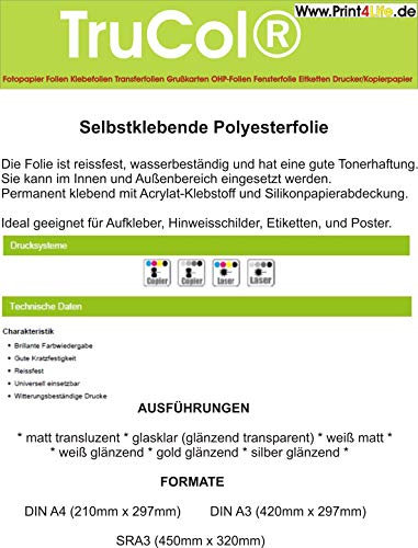 Klebefolie 10 x DIN A3 weiß Matte Druckerfolie, klebend, zum Bedrucken, Wetterfest, Wasserfest für Laserdrucker Kopierer Farblaser Farbkopierer
