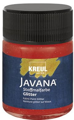 KREUL 92265 - Javana Stoffmalfarbe für helle und dunkle Textilien, cremig brillante Farbe mit Glitzer - Effekt und pastosem Charakter, 50 ml Glas, Glitter Rubinrot