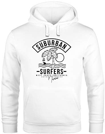 Neverless® Hoodie Herren Surfer Motiv Schriftzug Suburban Surfers Palme Welle Kapuzen-Pullover Männer Weiss XL