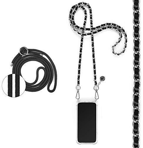 Jalouza Handykette, Kordel & Hülle Bundle kompatibel mit iPhone 12 & 12 Pro - Metallkette in Schwarz-Silber und Kordel in Farbe Schwarz-Silber Plus Handyhülle zum umhängen