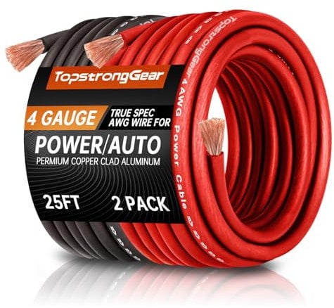 TOPSTRONGGEAR 4 Gauge 50ft Black & Red Power/Ground Wire - True 4 AWG, Extreme Heat Tested, Copper Clad Aluminum (CCA) - Compatible with All Devices Requiring Power/Ground Wires