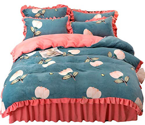 YLXD 4 Piece Ruffle Bed Skirt Bedspread Stylish Washed Milk velvet fabric Bed Sheet Set Multi-Ruffle Lace Trimmed Decorative Bed Skirt for easy cleaning C,2.0m