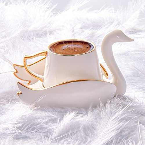 KARACA Juego de 2 tazas de café turco de porcelana espresso, 4 piezas, 90 ml, color blanco dorado