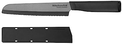 KitchenAid Classic Ceramic Serrated Bread Knife with Custom-Fit Blade Cover, Sharp Kitchen Knife, Dishwasher-Safe, 8-Inch, Black