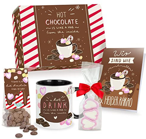 Hot Chocolate Geschenkbox – süße Geschenkbox mit Trink-Schokolade, Marshmallow-Herzen, Tasse und Karte