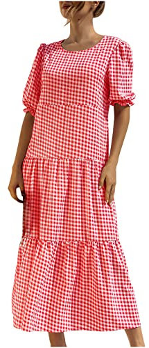 Robe longue d'été décontractée pour femme 2022 à carreaux vichy à manches bouffantes et col rond à volants et fluide, rose vif, XXL