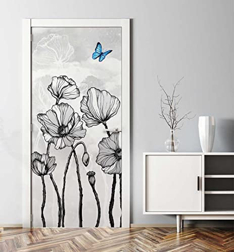 MyMaxxi - Tür bekleben mit Türtapete Türposter Türfolie Selbstklebend 90x200 Wunderland Blumen grau - Tür verschönern Türaufkleber Türklebefolie Blume Schmetterling blau