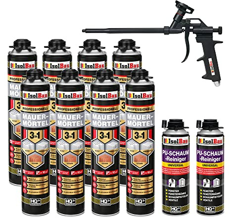 Isolbau Mauermörtel Set: 8x 750 ml PU-Mörtel 2x 500 ml Pistolenreiniger 1x Teflon Schaumpistole, PU-Reiniger, Montageschaum, Pistolenschaum